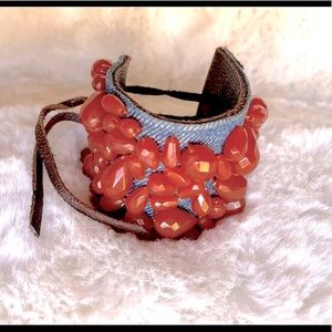 🍀 Lucky Brand Cuff Bracelet in Denim, Leather and Amber Beads 🍀